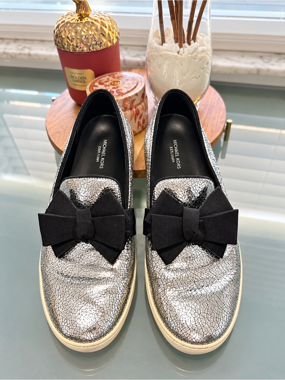 Michael Kors Metallic Bow Flats Silver Black 8.5